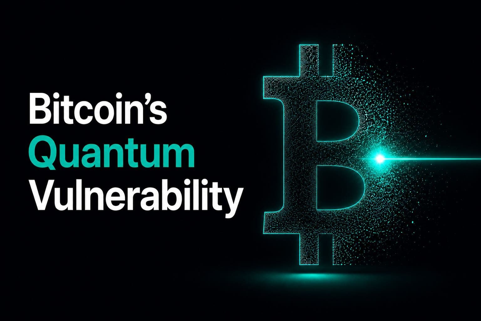 Bitcoin B logo fragmenting and dissolving into a teal particle cloud, heading "Bitcoin's Quantum Vulnerability"