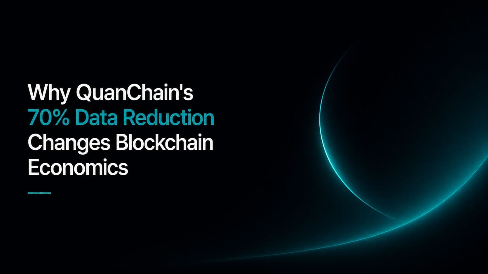 Dark background with a large glowing teal crescent arc on the right side, text "Why QuanChain's 70% Data Reduction Changes Blockchain Economics"