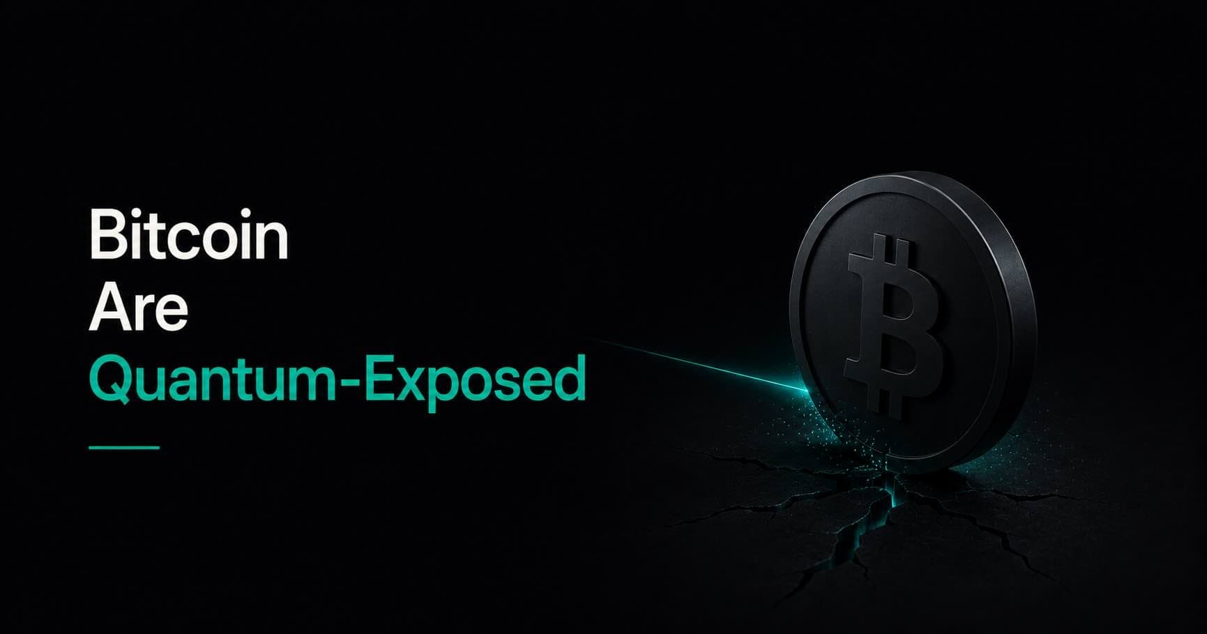 Dark matte 3D Bitcoin coin with cracks at its base struck by a teal laser beam, text "Bitcoin Are Quantum-Exposed"