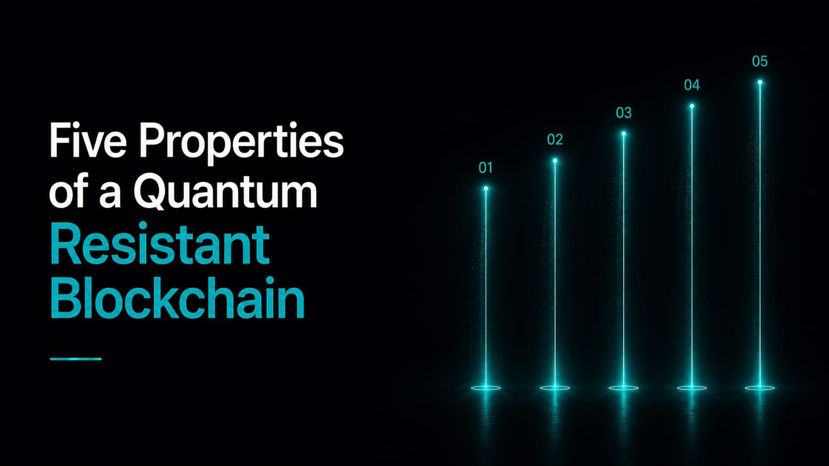 Five teal glowing vertical pin columns numbered 01 through 05 on small pedestals, ascending in height from left to right, heading "Five Properties of a Quantum Resistant Blockchain"