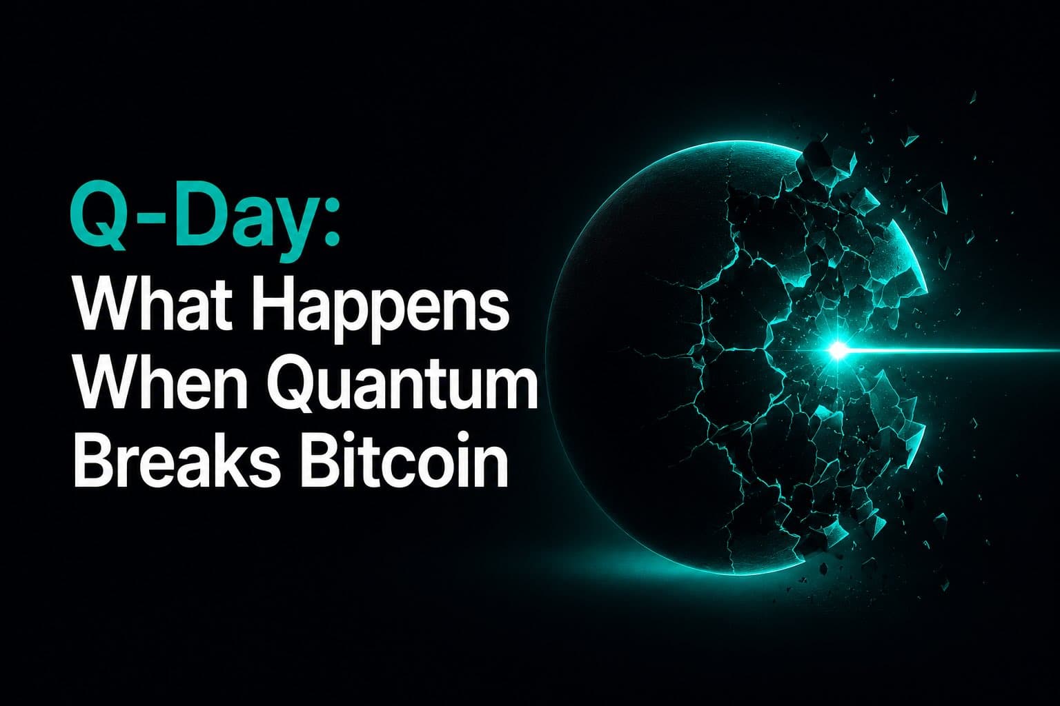 Dark sphere with teal cracks and fragments exploding from the right side where a teal beam has struck, heading "Q-Day: What Happens When Quantum Breaks Bitcoin"