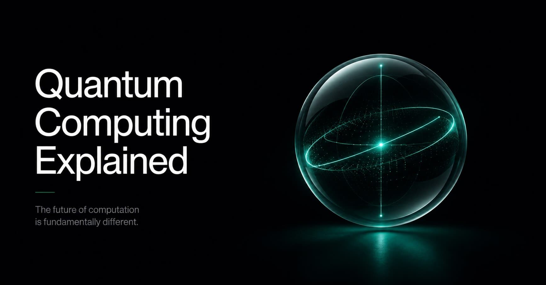 Glass sphere with a teal orbital ring equator and a bright teal vertical axis line (Bloch sphere), heading "Quantum Computing Explained"