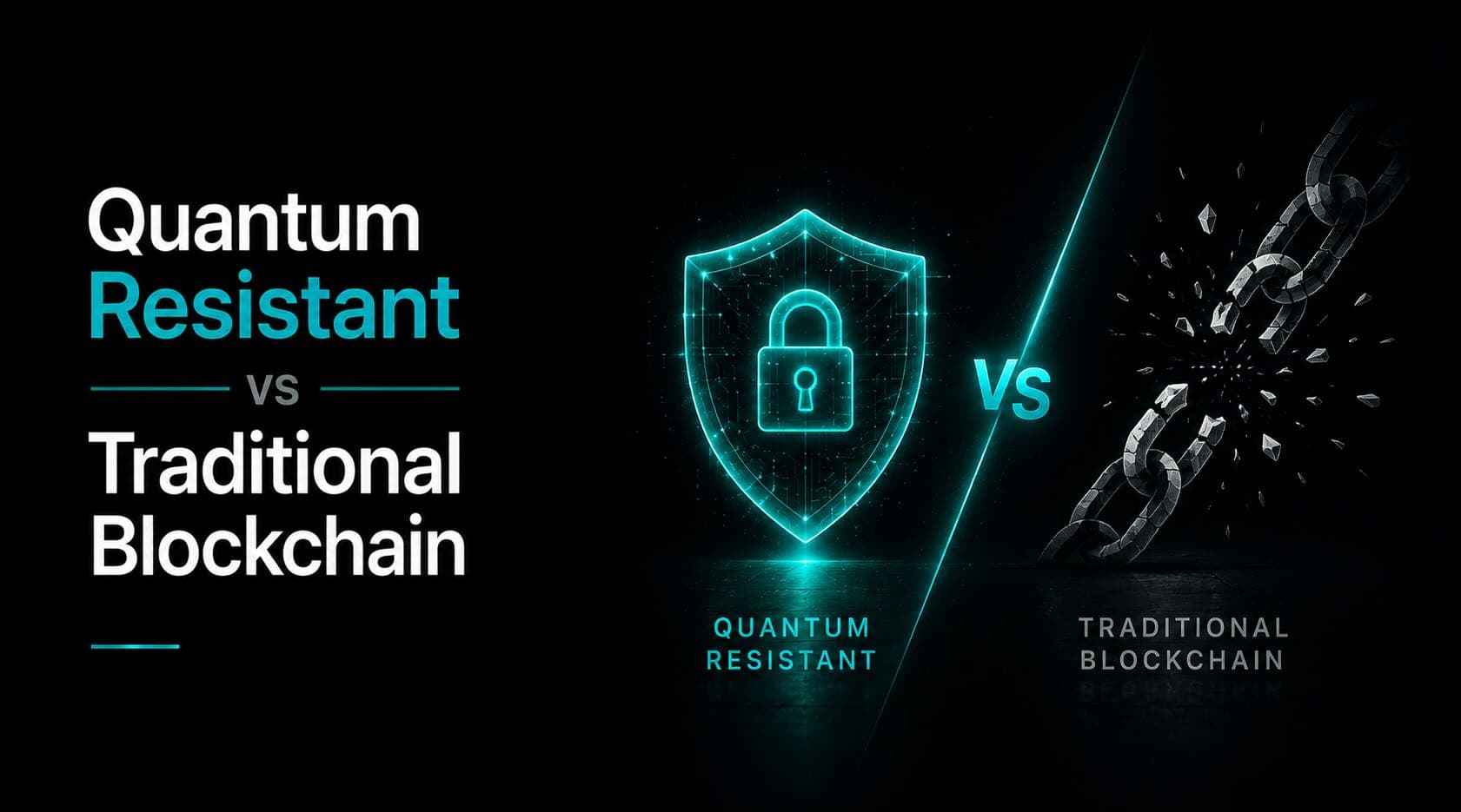 Split comparison: glowing teal wireframe shield with padlock labeled "Quantum Resistant" on the left, shattering metal chain labeled "Traditional Blockchain" on the right