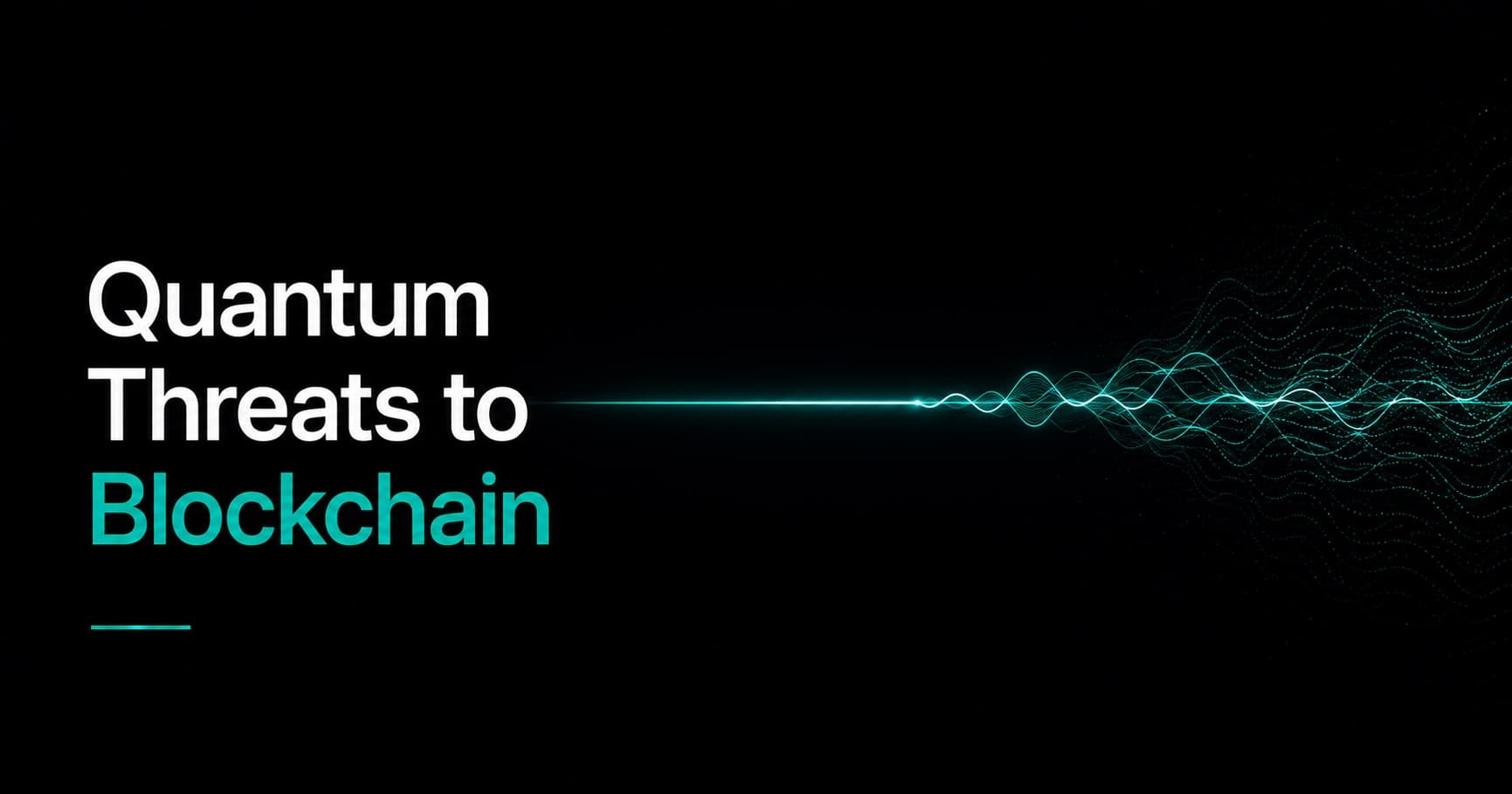 Teal laser beam striking a vertical plane and scattering into spreading wave tendrils, heading "Quantum Threats to Blockchain"