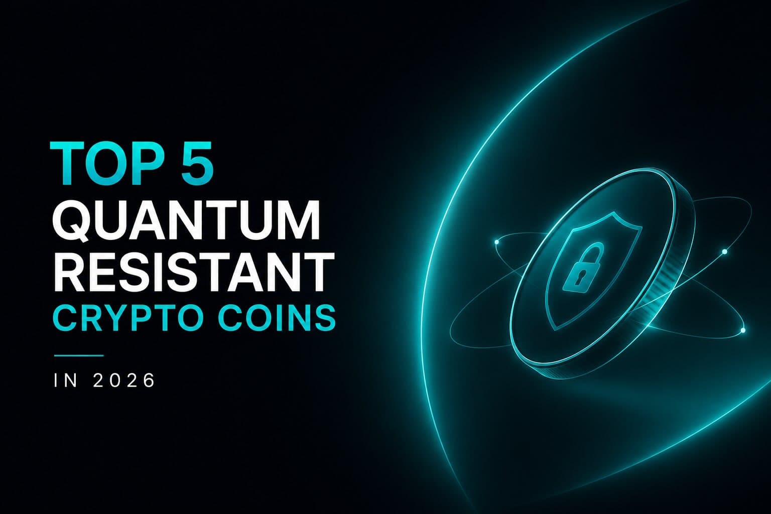 Teal coin disc with a shield-and-padlock icon at its center, surrounded by teal orbital ellipse rings, heading "Top 5 Quantum Resistant Crypto Coins in 2026"